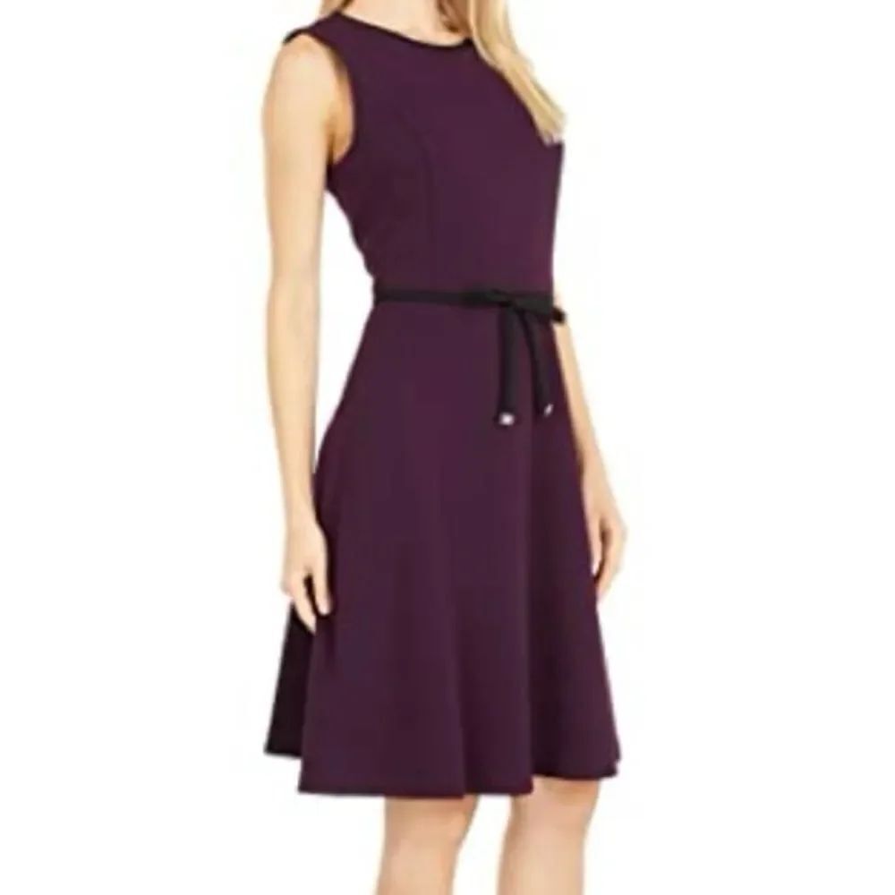 Tommy Hilfiger Scuba Crepe Purple Black Bow Tie Fit and Flare Sleeveless Dress